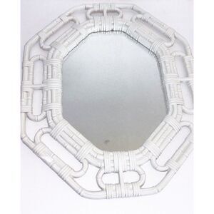 Vintage Homco White Plastic Rattan Bamboo Look Octagonal Wall Mirror 17” X 14”